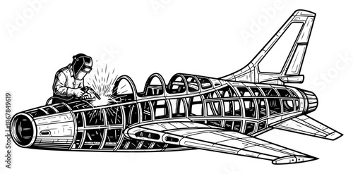 Welder worker constructing aircraft fuselage in aviation factory sketch
