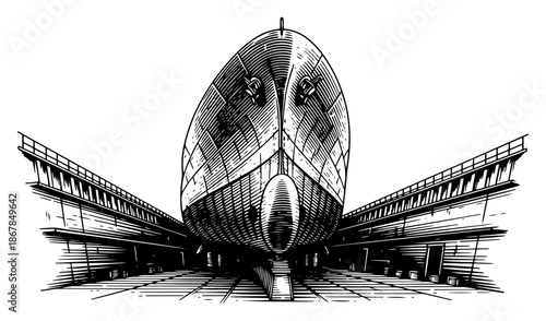 Large ship in dry dock for repair and maintenance in vintage engraving style