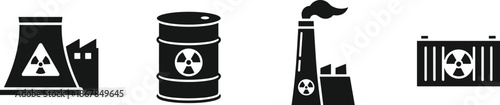 Nuclear energy and industrial power plant icon set with cooling tower radiation barrel factory chimney and waste container