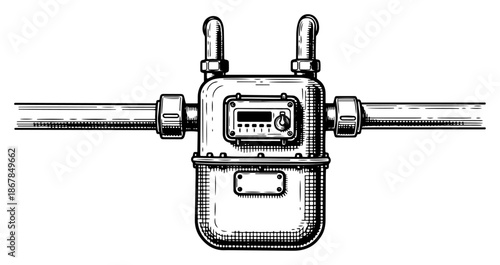 Household gas meter with pipes for measuring energy consumption in engraving style