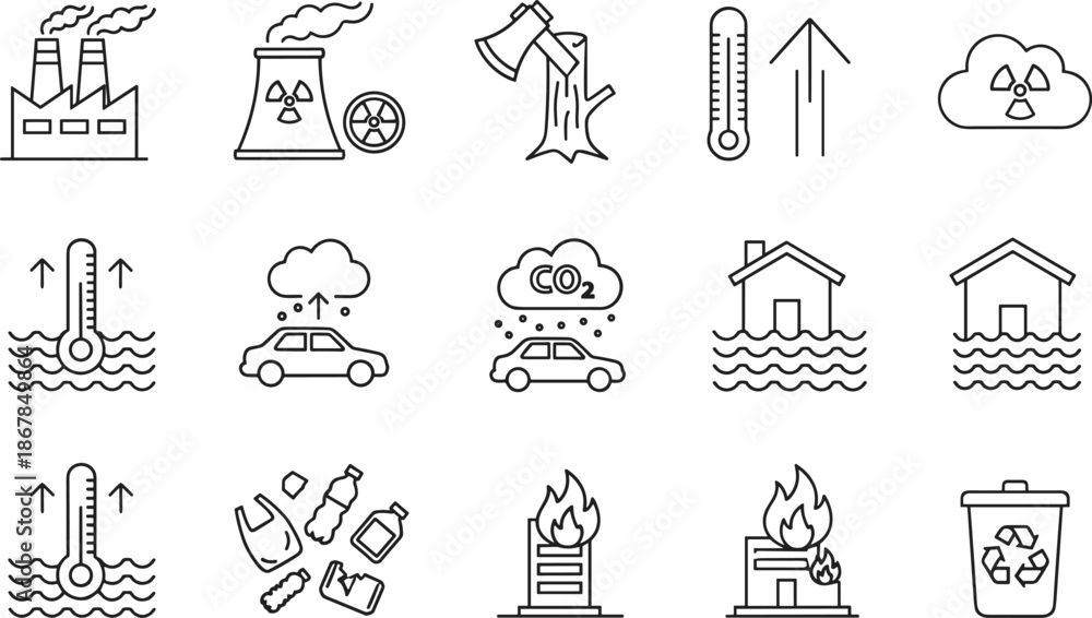 Obraz premium Comprehensive climate change icon set with deforestation global warming pollution flooding wildfire and environmental recycling line art vectors