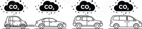 Line art icon set of various vehicles with carbon dioxide CO2 emission clouds for environmental air pollution concepts