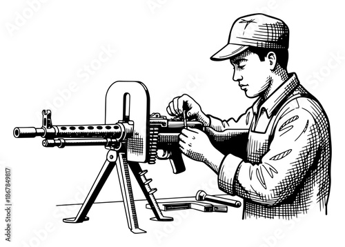 Gunsmith assembling machine gun weapon on tripod in vintage sketch style