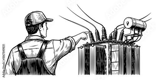Electrician pointing at high voltage power transformer in vintage engraving style