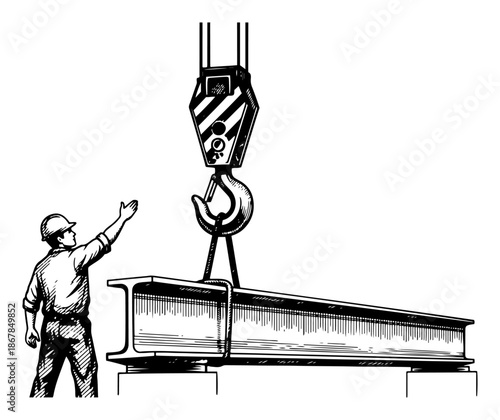 Construction worker signaling crane to lift steel beam sketch