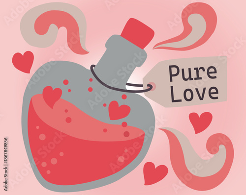 Pure Love Potion Bottle Illustration. Glass, heart-shaped bottle filled with red liquid, floating hearts, and a tag that says 'Pure Love.' Concept for romance, Valentine's Day, magic, or fantasy.