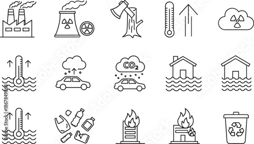 Comprehensive climate change icon set with deforestation global warming pollution flooding wildfire and environmental recycling line art vectors