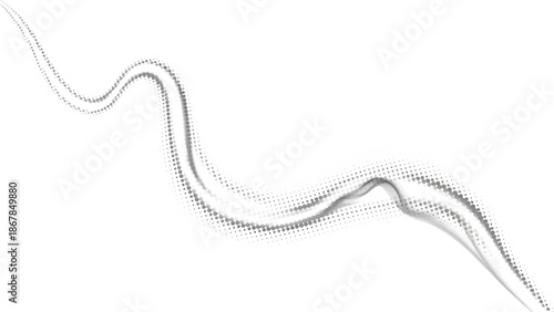 Monochrome dotted halftone wave sweeping across white space, layered translucent curves and flow art