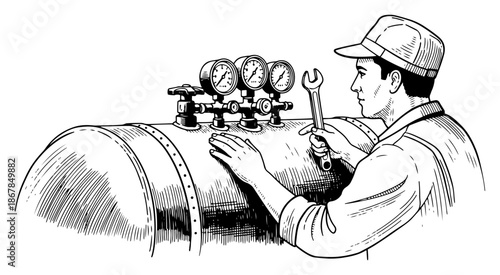 Technician checking pressure gauges on industrial tank with wrench