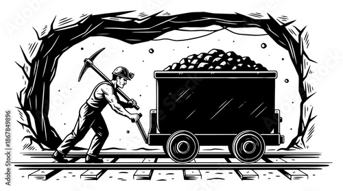 Coal miner pushing cart in underground tunnel with pickaxe