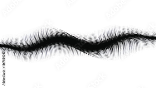 Monochrome halftone waves flow horizontally with dense black center and fading dotted gradients art