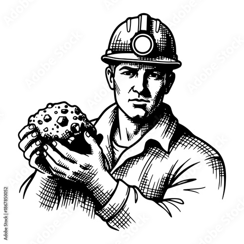 Miner wearing helmet holding raw mineral ore in hands