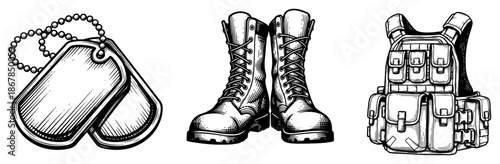 Set of military soldier equipment including dog tags boots and backpack