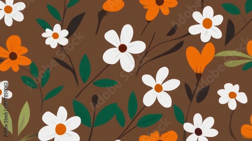 Abstract floral pattern with white and orange flowers and green leaves on a brown background