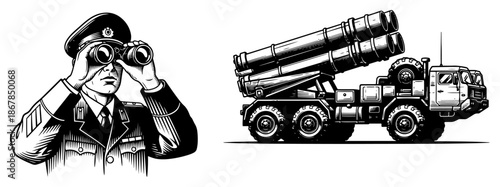 Army officer looking through binoculars next to missile launcher truck sketch
