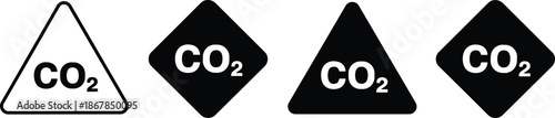 Carbon dioxide CO2 warning sign icon set with triangle and diamond shapes for industrial safety and environmental pollution