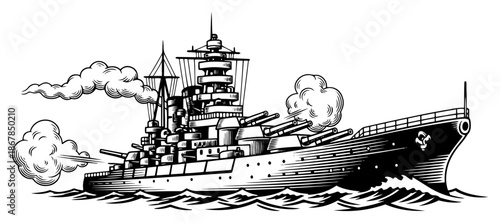 Military battleship vessel sailing in ocean with smoke clouds