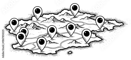 Geographic map with location pins and navigation route sketch