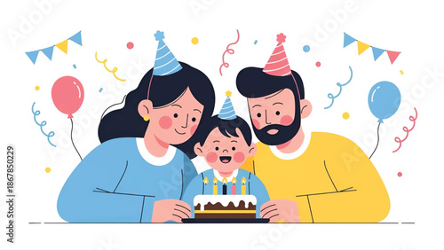 Parents and child in party hats smile over birthday cake with candles, balloons, streamers. and fun