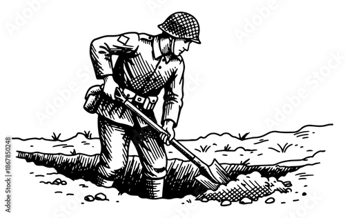 Soldier digging a trench with shovel in vintage engraving style