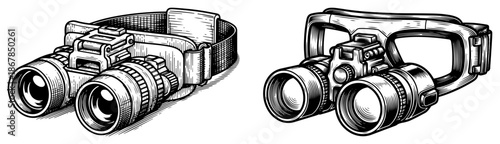Military night vision goggles and tactical optical equipment in engraving style