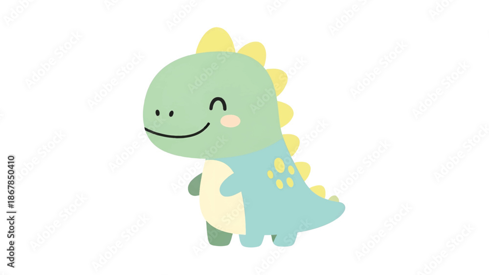 Obraz premium Pastel mint dinosaur with yellow dorsal plates, small blushing cheek, smiling, standing on white pad