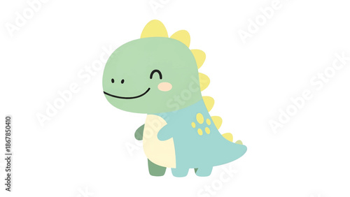 Pastel mint dinosaur with yellow dorsal plates, small blushing cheek, smiling, standing on white pad