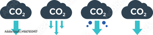 Carbon dioxide $CO_2$ emission reduction icon set with clouds and arrows for climate change and environmental sustainability projects