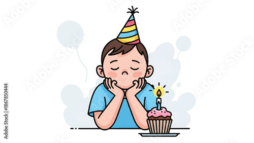 Pensive child in party hat rests chin on hands, staring sadly at single lit cupcake on table nearby