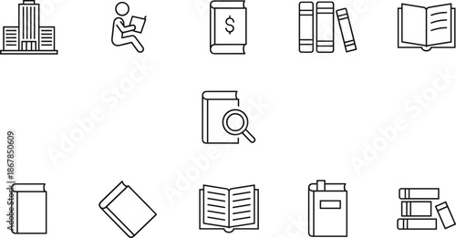 Minimalist line art business and financial education icon set with bank building books reading and investment research vectors