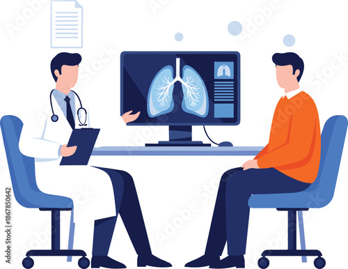 doctor patient consultation, lung scan analysis, medical diagnosis, hospital clinic, healthcare service, respiratory checkup, digital xray, modern medical illustration