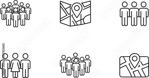 Minimalist line art icon set of people groups and map location markers for community navigation and social demographics
