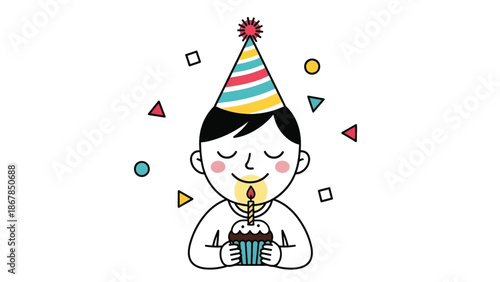 Smiling child in party hat holds a lit cupcake candle, surrounded by colorful confetti shapes & joy