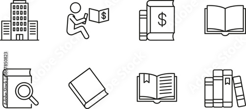 Minimalist business education line art icon set with books banking office building and financial reading vectors for professional branding