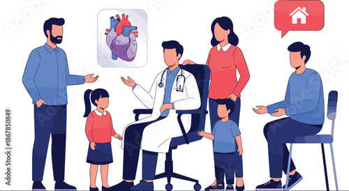 Family meeting doctor about heart condition, healthcare consultation illustration, modern clinic scene, flat vector design for medical advice and support