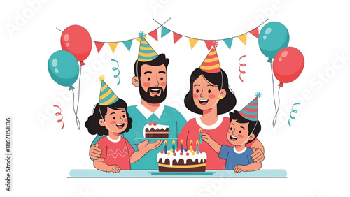 Smiling family in party hats gathers around decorated birthday cake with balloons, bunting,confetti