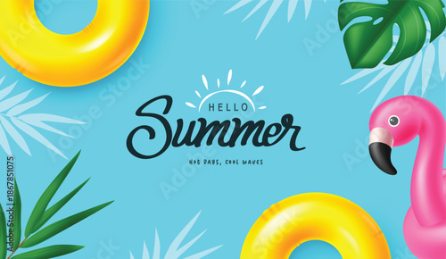 Hello Summer Blue Background with Flamingo Inflatable, Yellow Swim Rings, and Tropical Leaves