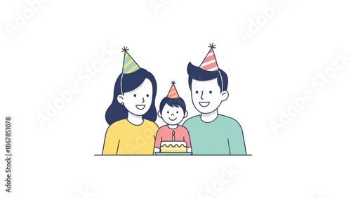 Smiling family of three in pastel clothes wearing party hats child holding birthday cake with candle