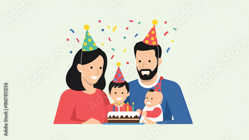 Smiling family wearing party hats gathers around a birthday cake with candles and confetti. Smiles!!