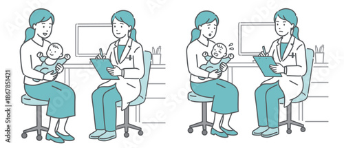 問診・診察の様子セット（赤ちゃんと母親と女性医師）