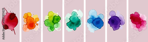 Vibrant watercolor flower panels in rainbow colors on soft pink background