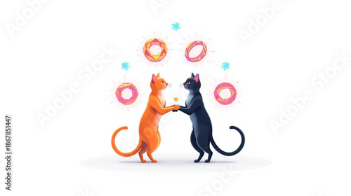 Mystical Illustration of Two Cats Holding Hands Surrounded by Glowing Pink Crystal Orbs and Sacred Geometry on White Background