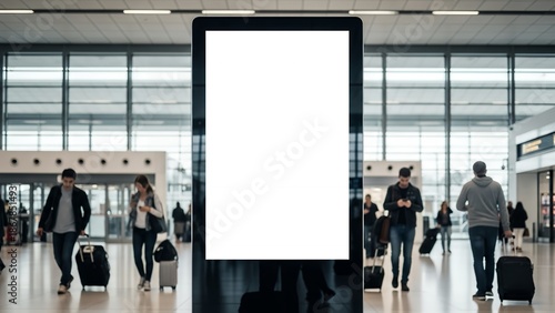 Blank White Vertical Digital Billboard Mockup in Modern Airport Terminal with Blurred Travelers Walking.