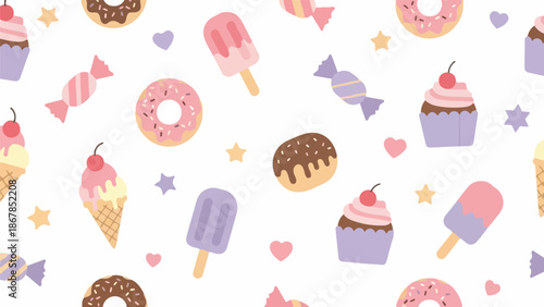Colorful flat lay of assorted sweet treats and desserts on a white background with pastel colors and playful mood.