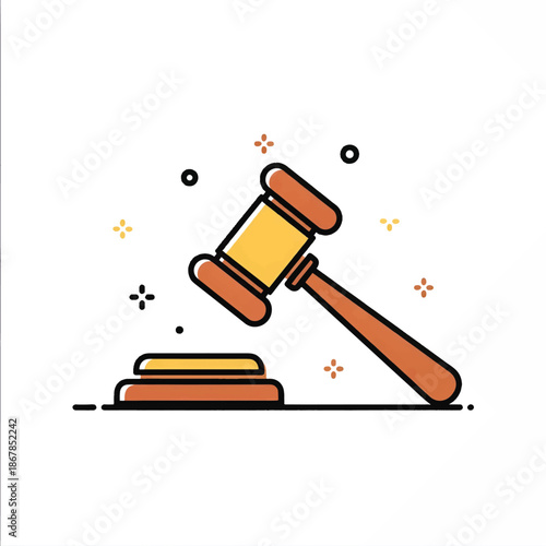 Wooden gavel poised above matching sound block on white background with scattered decorative dots...