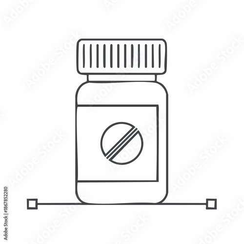 Hand-drawn minimalist vector outline icon of a pill bottle with a forbidden symbol, representing medical restriction