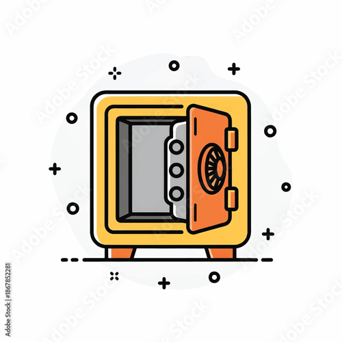 Yellow square safe with open orange door, gray interior, round dial and three circular locking bolts