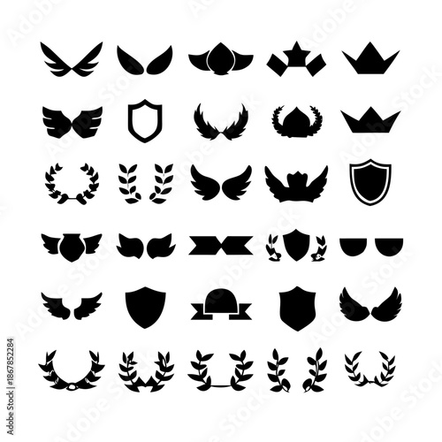 Collection of vector heraldic elements including laurel wreaths shields wings and ribbons perfect for creating logos or designs . elegant laurel wreaths, shields, wings, and ribbon vector set