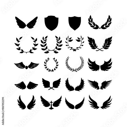 Collection of vector heraldic elements including laurel wreaths shields wings and ribbons perfect for creating logos or designs . elegant laurel wreaths, shields, wings, and ribbon vector set