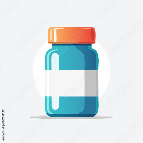 Vibrant single medication bottle vector icon with a bright orange cap and blank label, showcasing modern minimalist flat design for health concepts